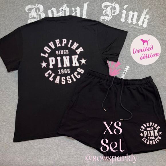 Victoria’s Secret PINK Limited Edition Pure Black Classic Matching Tee & Shorts - Picture 1 of 12